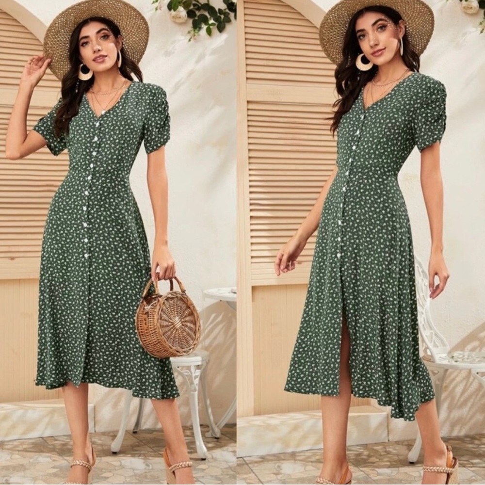 Boho floral print button through MIDI dress